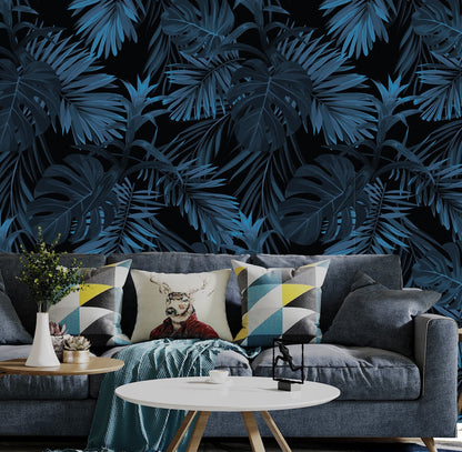 Blue Tropical Wallpaper, Palm Leaf Wallpaper, Dark Peel and Stick Wallpaper, Removable Wall Paper