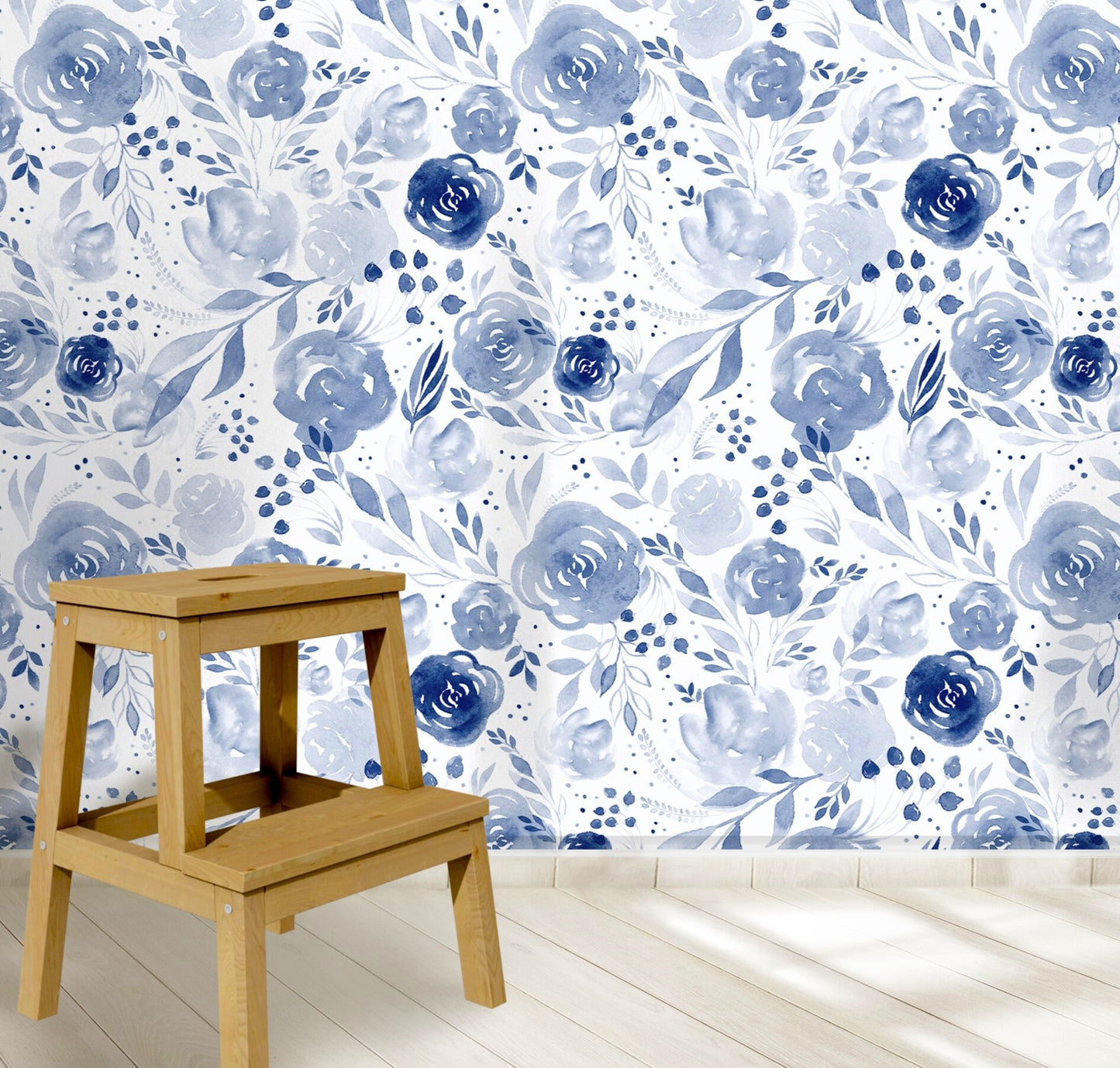 Blue Floral Wallpaper Peel and Stick Nursery Wallpaper, Watercolor Floral Wallpaper, Removable Wall Paper