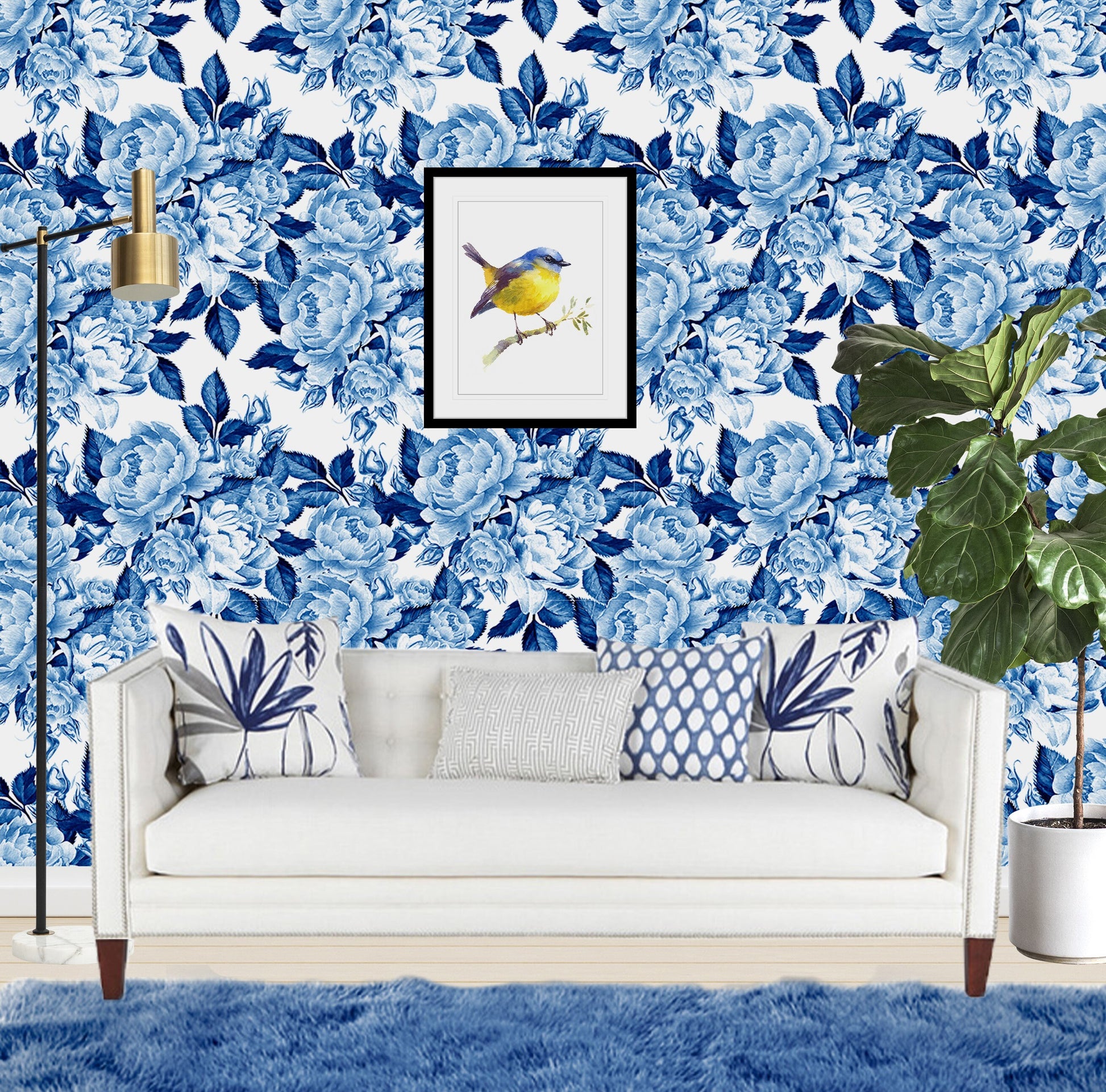 Blue Rose Wallpaper Peel and Stick, Blue Floral Wallpaper, Peony Wallpaper, Removable Wall Paper