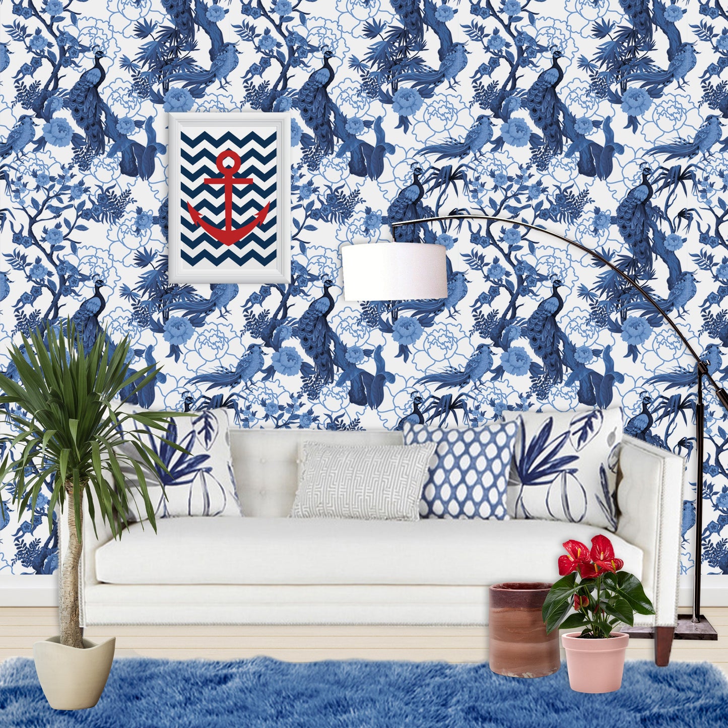 Chinoiserie Wallpaper Peel and Stick Blue Garden Wallpaper Peacock Wallpaper Removable Wall Paper