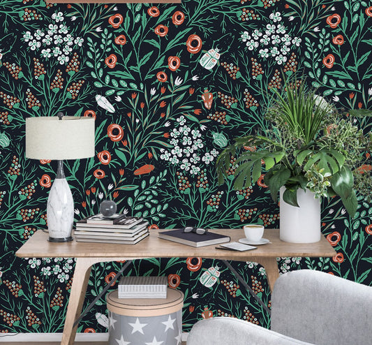 Botanical Wallpaper Peel and Stick, Dark Floral Wallpaper, Blooms Wallpaper, Removable Wall Paper