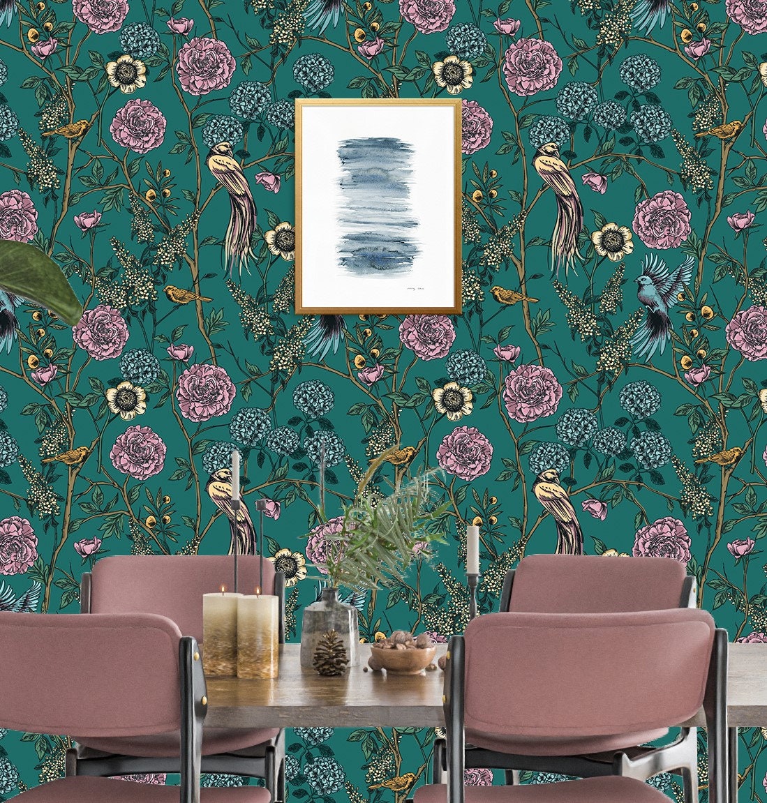 Chinoiserie Wallpaper Peel and Stick Vintage Floral Wallpaper Green Peacock Wallpaper Removable Wall Paper