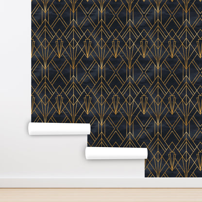 Black and Gold Geometric Wallpaper Peel and Stick, Art Deco Wallpaper, Vintage Wallpaper, Removable Wall Paper