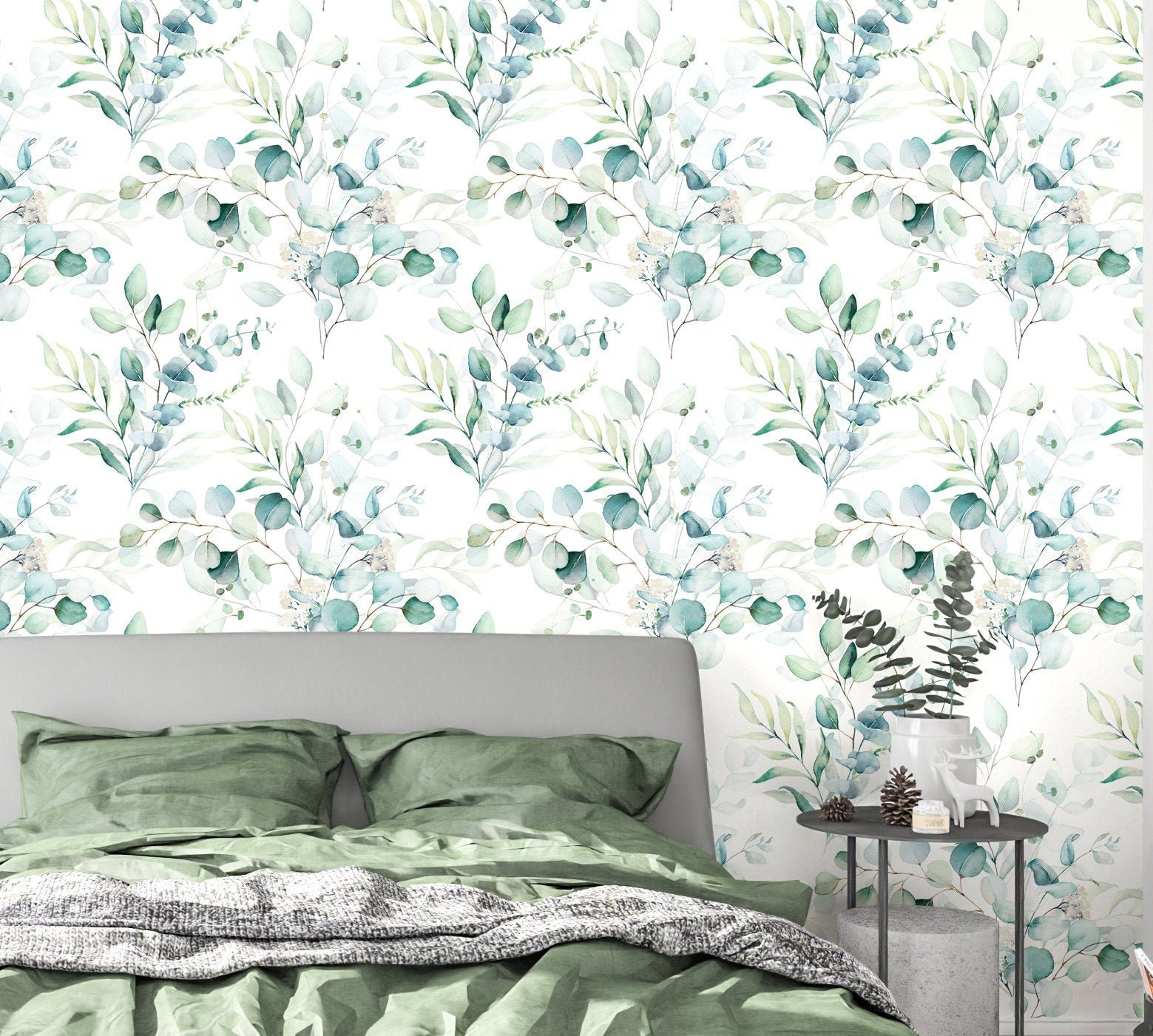 Green Leaves Wallpaper, Eucalyptus Wallpaper Peel and Stick, Botanical Wallpaper, Nursery Wallpapers, Removable Wall Paper