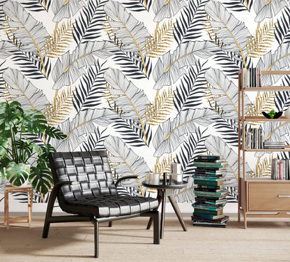 Gold Leaf Wallpaper Peel and Stick, Black and White Tropical Leaf Wallpaper, Banana Leaf Wallpaper, Palm Wallpaper, Removable Wall Paper