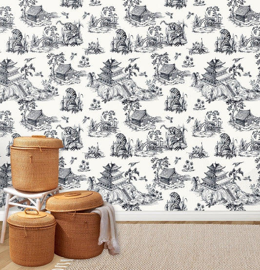 Chinoiserie Wallpaper Peel and Stick, Pagoda Wallpaper, Japanese Wallpaper Black and White, Tiger Wallpaper, Removable Wall Paper