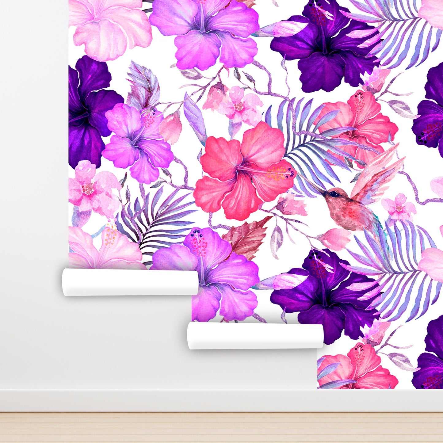 Hibiscus Wallpaper Peel and Stick, Purple Flower Wallpaper, Hot Pink Wallpaper, Hummingbird Wallpaper Removable Wall Paper