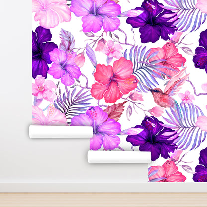 Hibiscus Wallpaper Peel and Stick, Purple Flower Wallpaper, Hot Pink Wallpaper, Hummingbird Wallpaper Removable Wall Paper