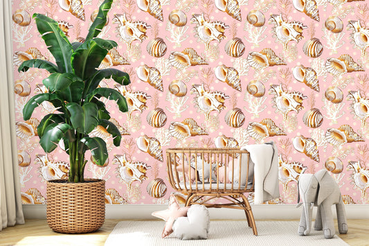 Seashell Wallpaper, Coral Wallpaper, Sea Life Wallpaper Peel and Stick, Nursery Wallpaper, Removable Wall Paper