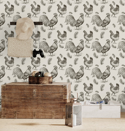 Chicken Wallpaper, Rooster Wallpaper Peel and Stick, Bird Wallpaper, Farmhouse Wallpaper, Removable Wall Paper