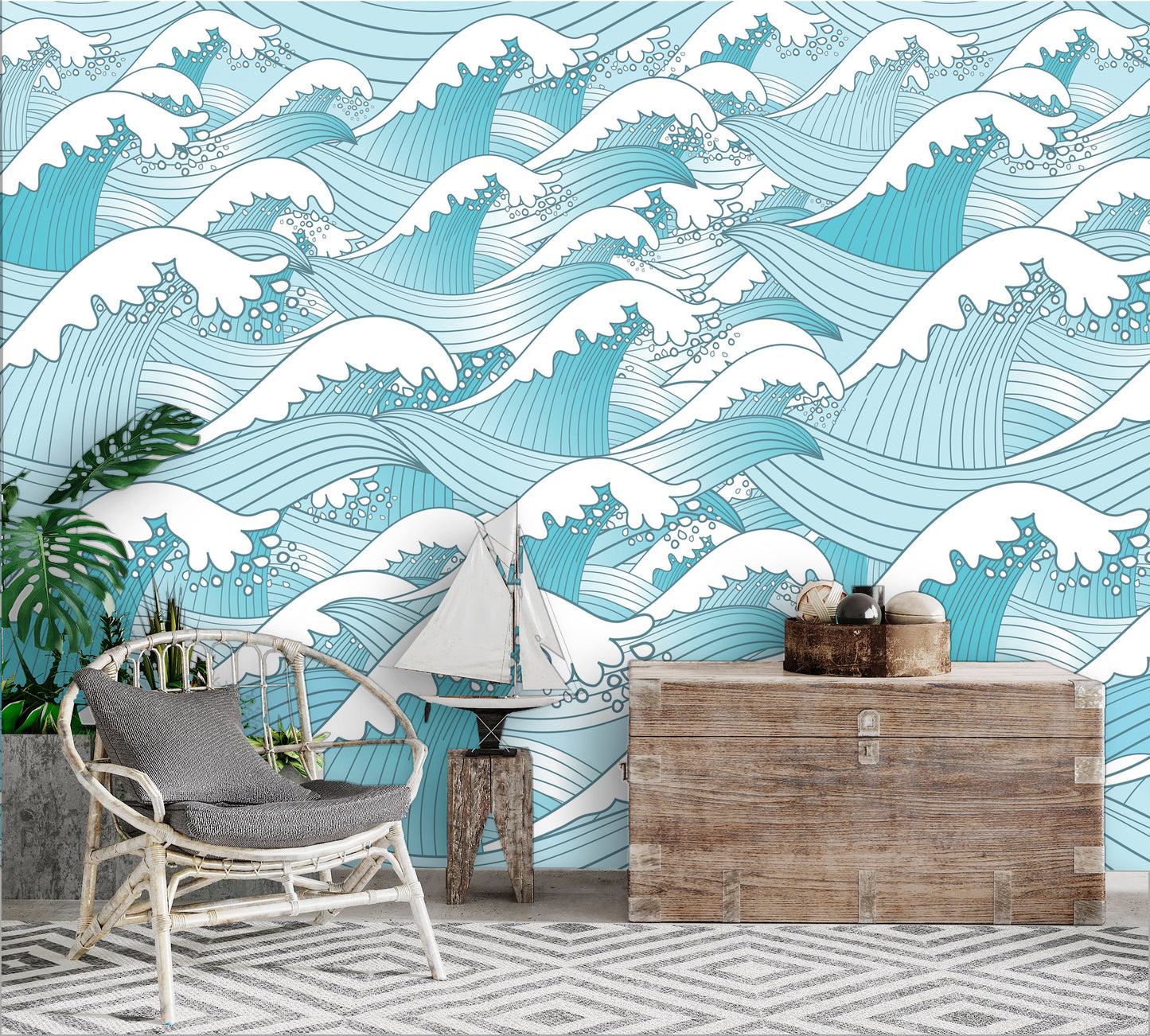 Waves Wallpaper Peel and Stick, Ocean Wallpaper, Ocean Wall Mural, Turquoise Wall Mural, Removable Wall Paper