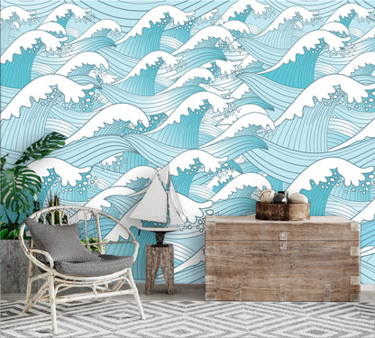 Waves Wallpaper Peel and Stick, Ocean Wallpaper, Ocean Wall Mural, Turquoise Wall Mural, Removable Wall Paper