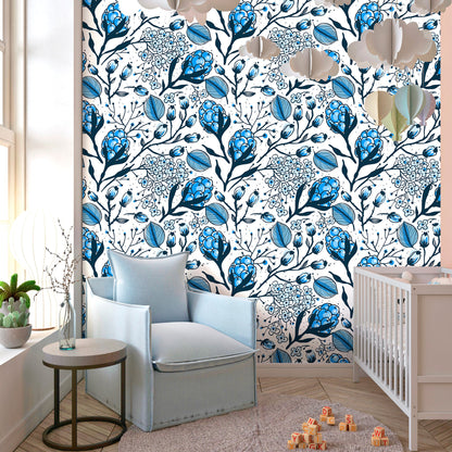 Blue Floral Wallpaper, Berry Wallpaper, Peel and Stick Nursery Wallpaper, Removable Wall Paper