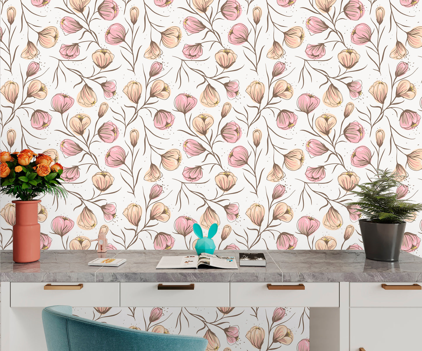 Pink Floral Wallpaper Peel and Stick, Spring Wallpaper, Farmhouse Wallpaper, Nursery Wallpaper, Removable Wall Paper