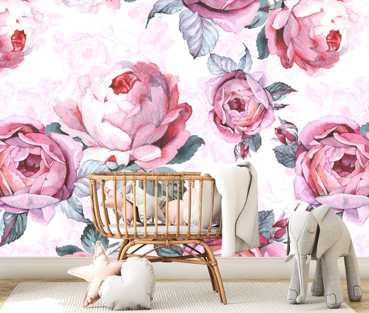 Big Flower Wallpaper Peel and Stick, Pink Roses Wallpaper, Watercolor Flowers Wallpaper, Nursery Wallpaper, Removable Wall Paper
