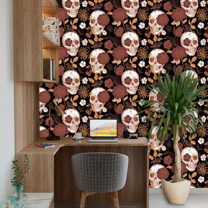 Skull Wallpaper, Dark Floral Wallpaper Peel and Stick, Gothic Wallpaper, Skeleton Wallpaper, Removable Wall Paper