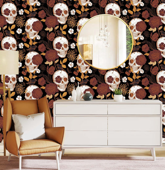 Skull Wallpaper, Dark Floral Wallpaper Peel and Stick, Gothic Wallpaper, Skeleton Wallpaper, Removable Wall Paper