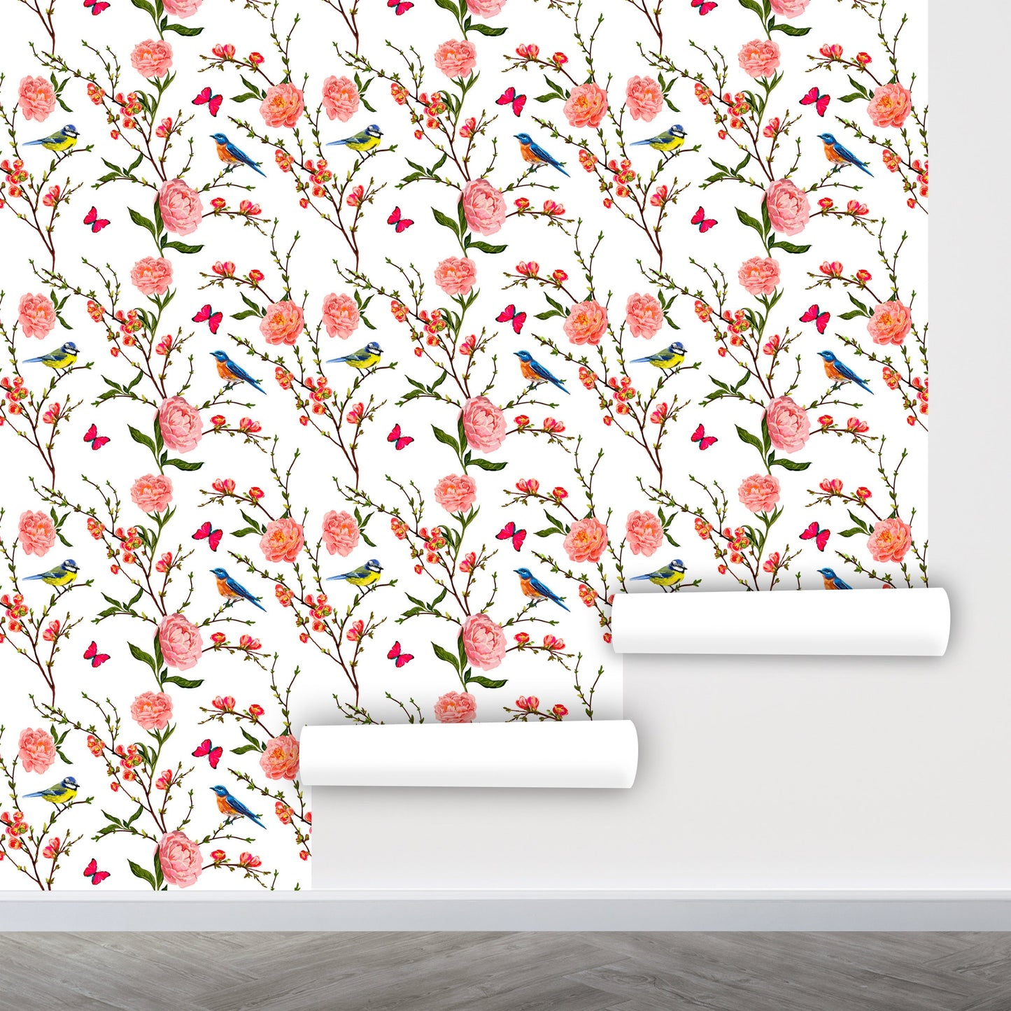 Birds and Butterfly Wallpaper Peel and Stick, Sakura Wallpaper, Branches Wallpaper, Pink Floral Wallpaper, Removable Wall Paper