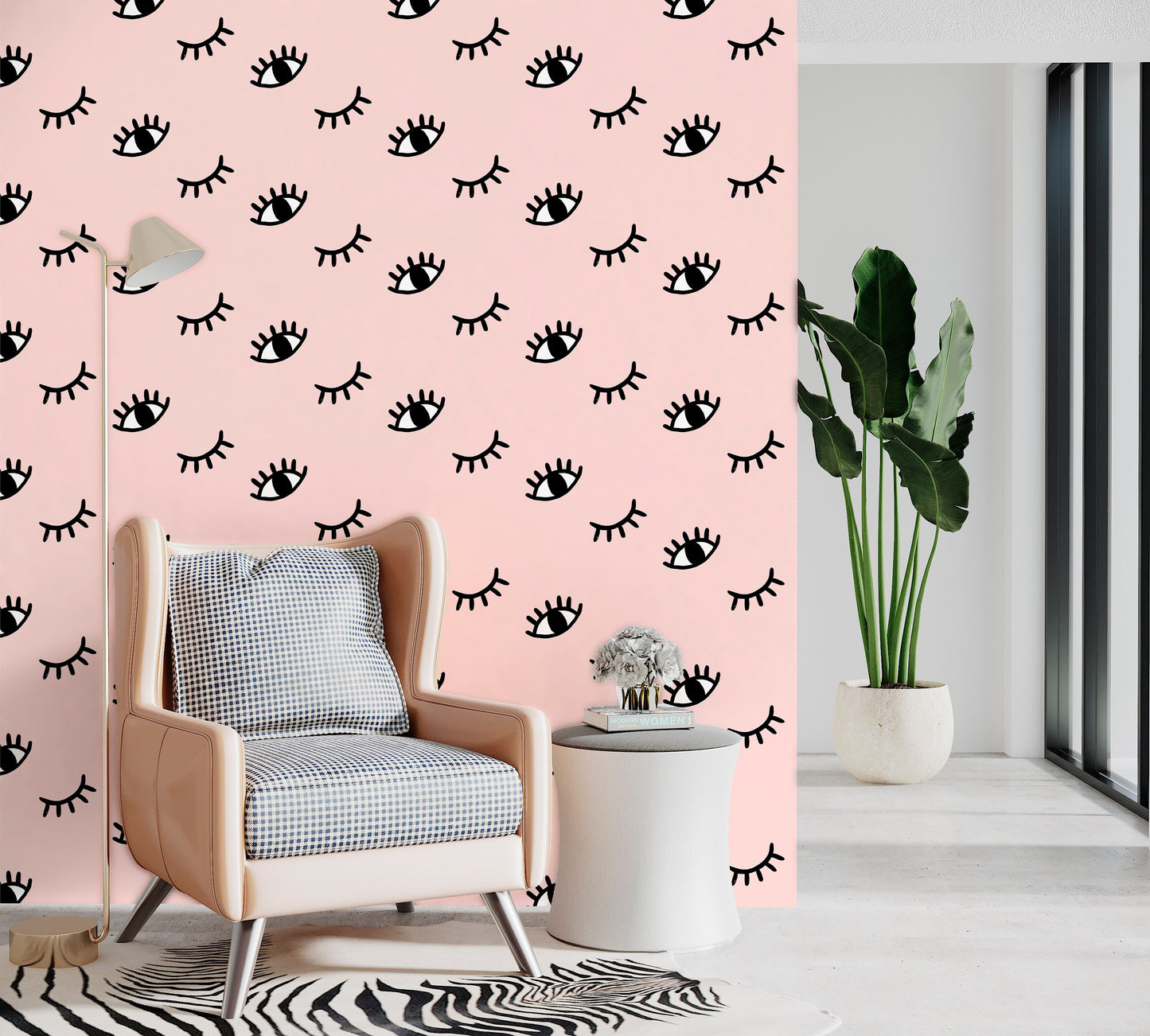 Evil Eyes Wallpaper Peel and Stick, Doodle Wallpaper, Blush Pink Wallpaper, Removable Wall Paper