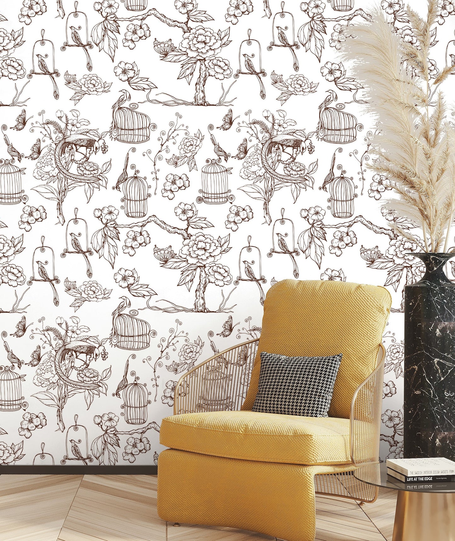 Bird Cage Wallpaper, Asian Wallpaper Peel and Stick, Hand Drawn Wallpaper, Removable Wall Paper