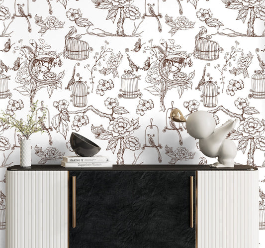 Bird Cage Wallpaper, Asian Wallpaper Peel and Stick, Hand Drawn Wallpaper, Removable Wall Paper