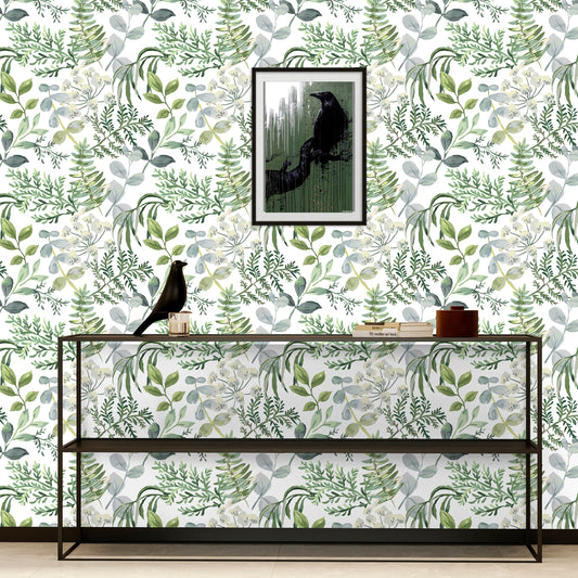 Fern Wallpaper, Watercolor Leaf Wallpaper Peel and Stick, Botanical Wallpaper, Removable Wall Paper