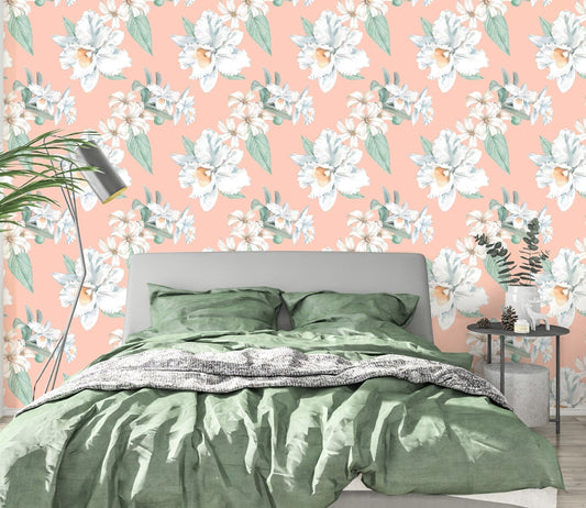 Orchid Wallpaper Peel and Stick, Peach Floral Wallpaper, Tropical Wallpaper, Removable Wall Paper
