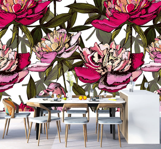 Bold Wallpaper Peel and Stick, Big Flower Wallpaper, Peony Wallpaper, Removable Wall Paper