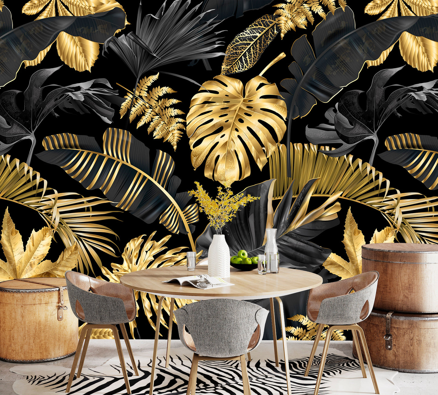 Gold Leaf Wallpaper Peel and Stick, Black and Gold Wallpaper, Palm Leaf Wallpaper, Removable Wall Paper
