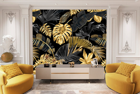 Gold Leaf Wallpaper Peel and Stick, Black and Gold Wallpaper, Palm Leaf Wallpaper, Removable Wall Paper