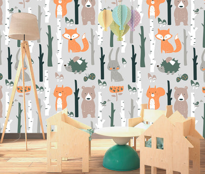 Woodland Wallpaper Peel and Stick, Bear Wallpaper, Fox Wallpaper, Animal Wallpaper, Removable Wall Paper