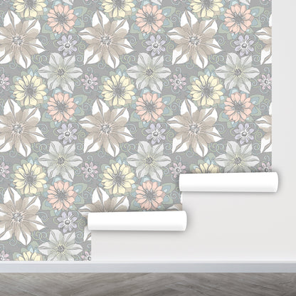 Gray Floral Wallpaper Peel and Stick, Whimsical Wallpaper, Botanical Wallpaper, Removable Wall Paper