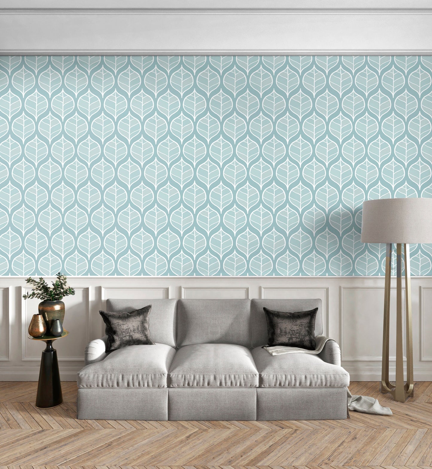 Mcm Wallpaper Peel and Stick, Blue Leaf Wallpaper, Modern Removable Wall Paper