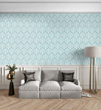 Mcm Wallpaper Peel and Stick, Blue Leaf Wallpaper, Modern Removable Wall Paper