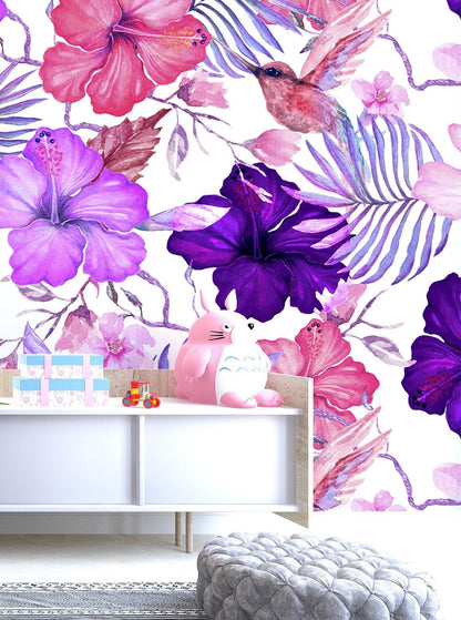 Hibiscus Wallpaper Peel and Stick, Purple Flower Wallpaper, Hot Pink Wallpaper, Hummingbird Wallpaper Removable Wall Paper