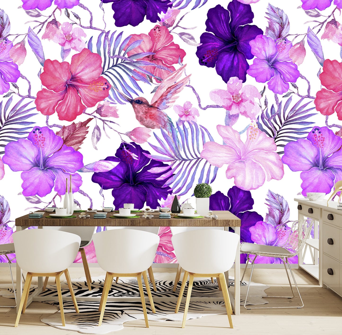 Hibiscus Wallpaper Peel and Stick, Purple Flower Wallpaper, Hot Pink Wallpaper, Hummingbird Wallpaper Removable Wall Paper