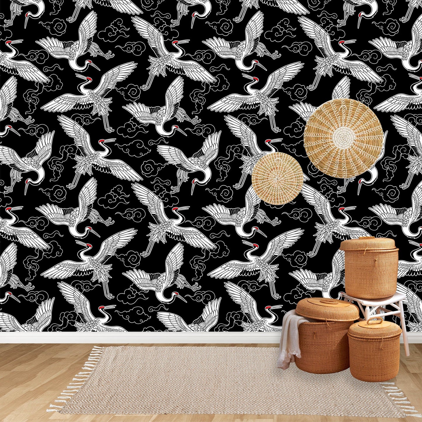 Crane Wallpaper Peel and Stick, Japanese Wallpaper, Oriental Removable Wall Paper