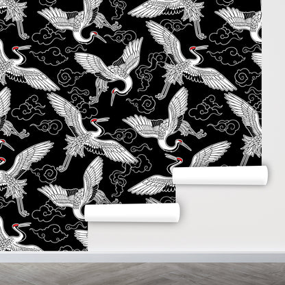 Crane Wallpaper Peel and Stick, Japanese Wallpaper, Oriental Removable Wall Paper