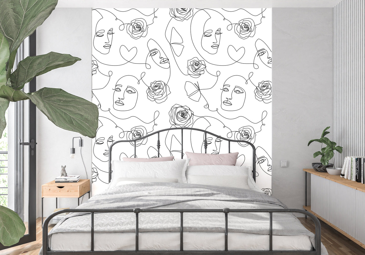 Faces Wallpaper Peel and Stick Wallpaper Black and White, Line Art Wallpaper, Removable Wall Paper