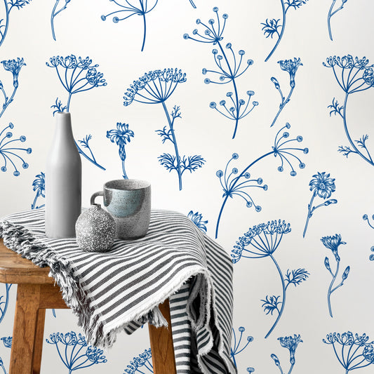 Delicate Wallpaper Peel and Stick, Small Blue Flowers Wallpaper, Minimalist Wallpaper, Removable Wall Paper
