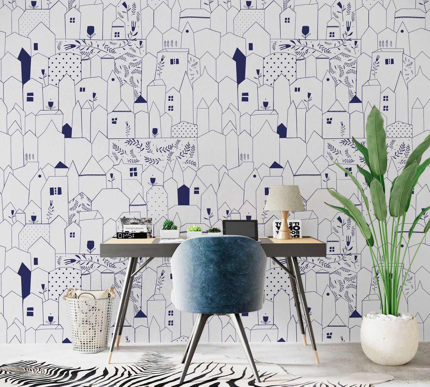 City Wallpaper Peel and Stick, Hand Drawn Wallpaper, Blue White Wallpaper, Removable Wall Paper