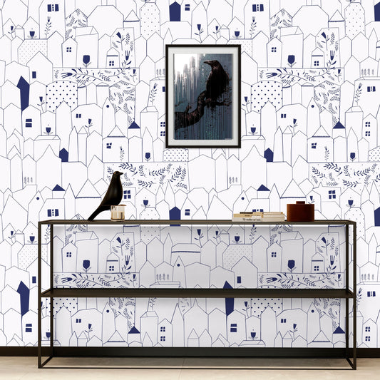 City Wallpaper Peel and Stick, Hand Drawn Wallpaper, Blue White Wallpaper, Removable Wall Paper