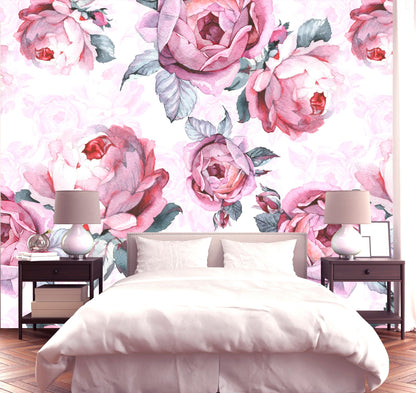 Big Flower Wallpaper Peel and Stick, Pink Roses Wallpaper, Watercolor Flowers Wallpaper, Nursery Wallpaper, Removable Wall Paper