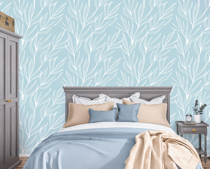 Blue Leaves Wallpaper Peel and Stick, Botanical Wallpaper, Nursery Wallpapers, Removable Wall Paper