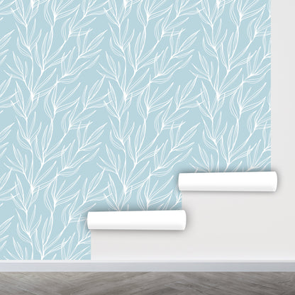 Blue Leaves Wallpaper Peel and Stick, Botanical Wallpaper, Nursery Wallpapers, Removable Wall Paper