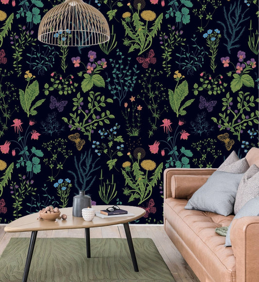 Dark Floral Wallpaper, Dandelion Wallpaper Peel and Stick, Wildflower Wallpaper, Botanical Wallpaper, Removable Wall Paper