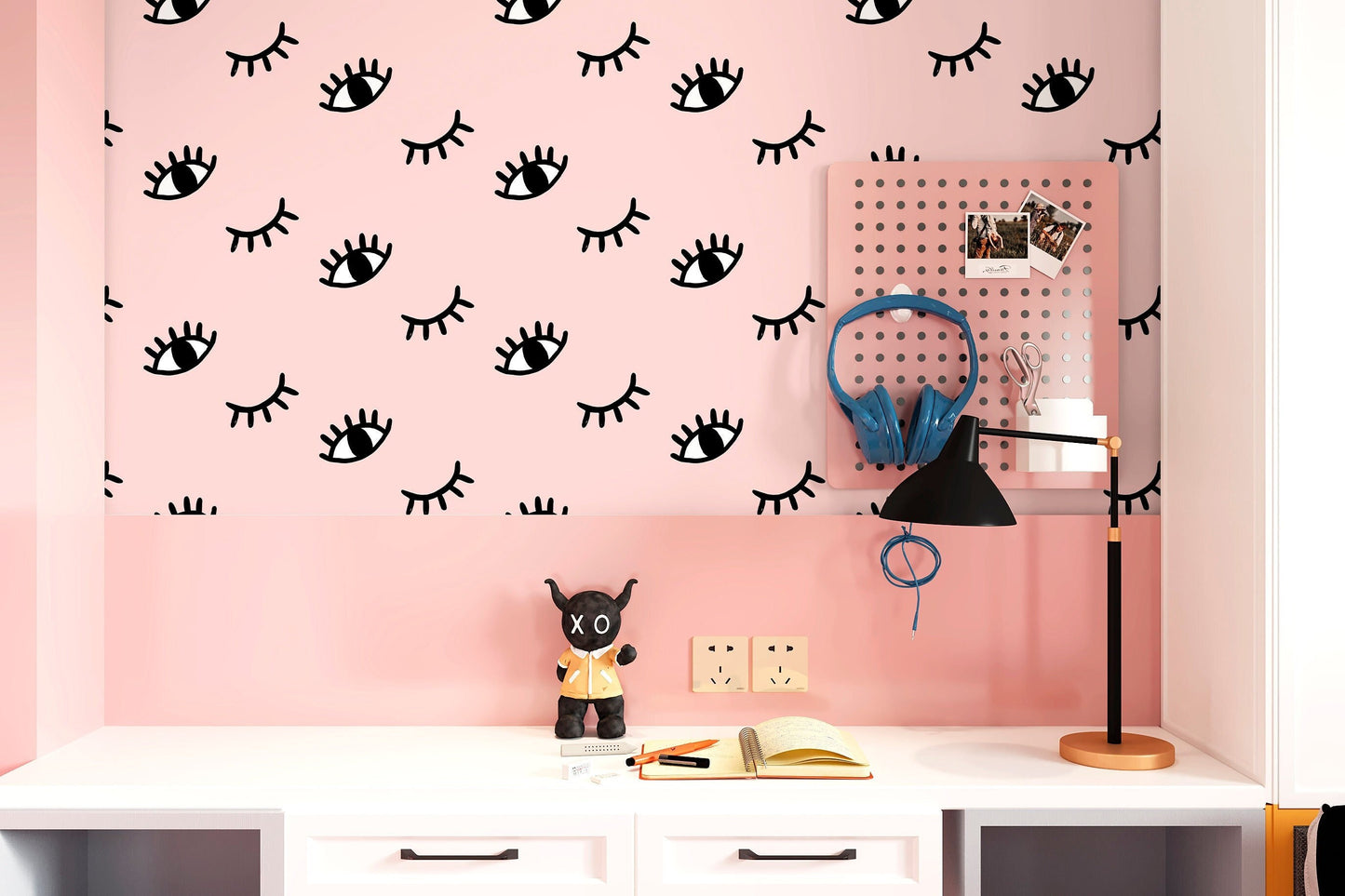 Evil Eyes Wallpaper Peel and Stick, Doodle Wallpaper, Blush Pink Wallpaper, Removable Wall Paper