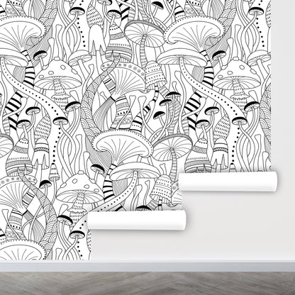 Mushroom Wallpaper Peel and Stick, Black and White Wallpaper, Removable Wall Paper