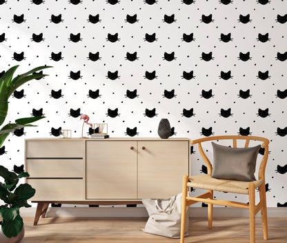 Cat Wallpaper, Hand Drawn Wallpaper Peel and Stick, Black and White Wallpaper, Removable Wall Paper