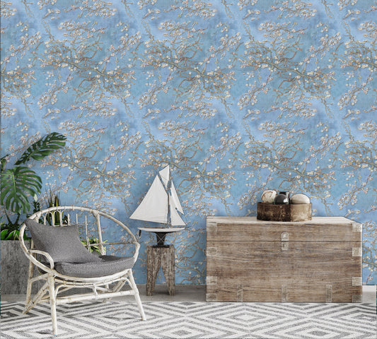 Blue Floral Wallpaper, Cherry Blossom Wallpaper, Chinoiserie Wallpaper Peel and Stick, Vintage Floral Wallpaper, Removable Wall Paper